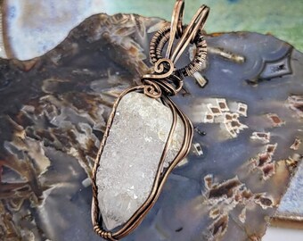 Natural Sparkle Spirit Quartz Amulet Antique Copper Wire Wrapped Pendant Necklace