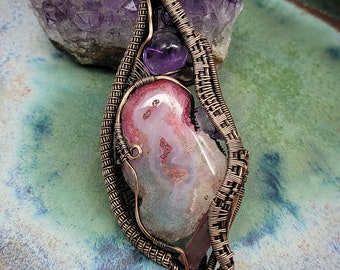 Pink Purple Solar Quartz Amethyst Tourmaline Coil Antique Copper Wire Wrapped Pendant Necklace