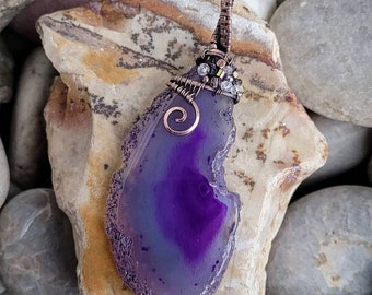 Reversible Purple Agate Slice  Antique Copper Wire Wrapped Pendant with Crystal Accents