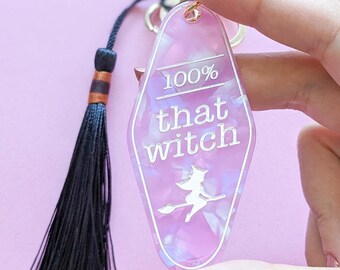 Purple Keychain Charm - That Witch - Vintage Acrylic Motel Keyring - Witchcore Cute Black Tassel