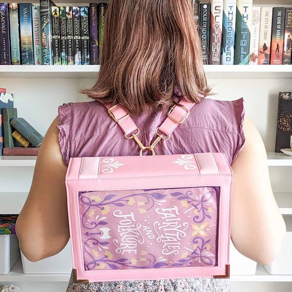 Small Book Ita Bag - Pink Fairytales and Folklore - Crossbody or Backpack - Book Lover, Librarian Gift, Fairytale Bag, DnD LARP Satchel Bag