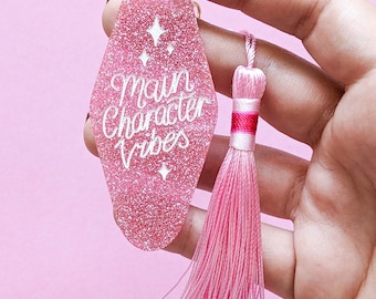 Pink Glitter Keychain Charm - Main Character Energy - Vintage Acrylic Motel Keyring - Barbiecore Pink Sparkle