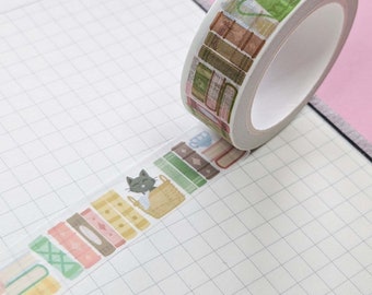 Cottagecore Kittens Bookcase Washi Tape - Bookish Librarian Teacher Stationery Gift for Book Lovers