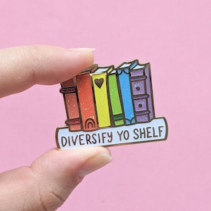 Diversify Shelf Enamel Pin - RAINBOW GLITTER - Feminist Enamel Pin, Book Pin, Nerd Gift, Geek Chic, Book Gift, Girl Power, Representation