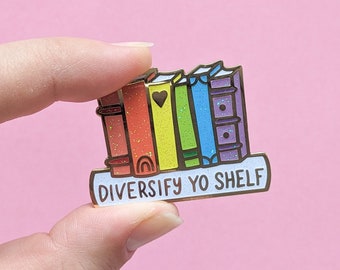 Diversify Shelf Enamel Pin - RAINBOW GLITTER - Feminist Enamel Pin, Book Pin, Nerd Gift, Geek Chic, Book Gift, Girl Power, Representation