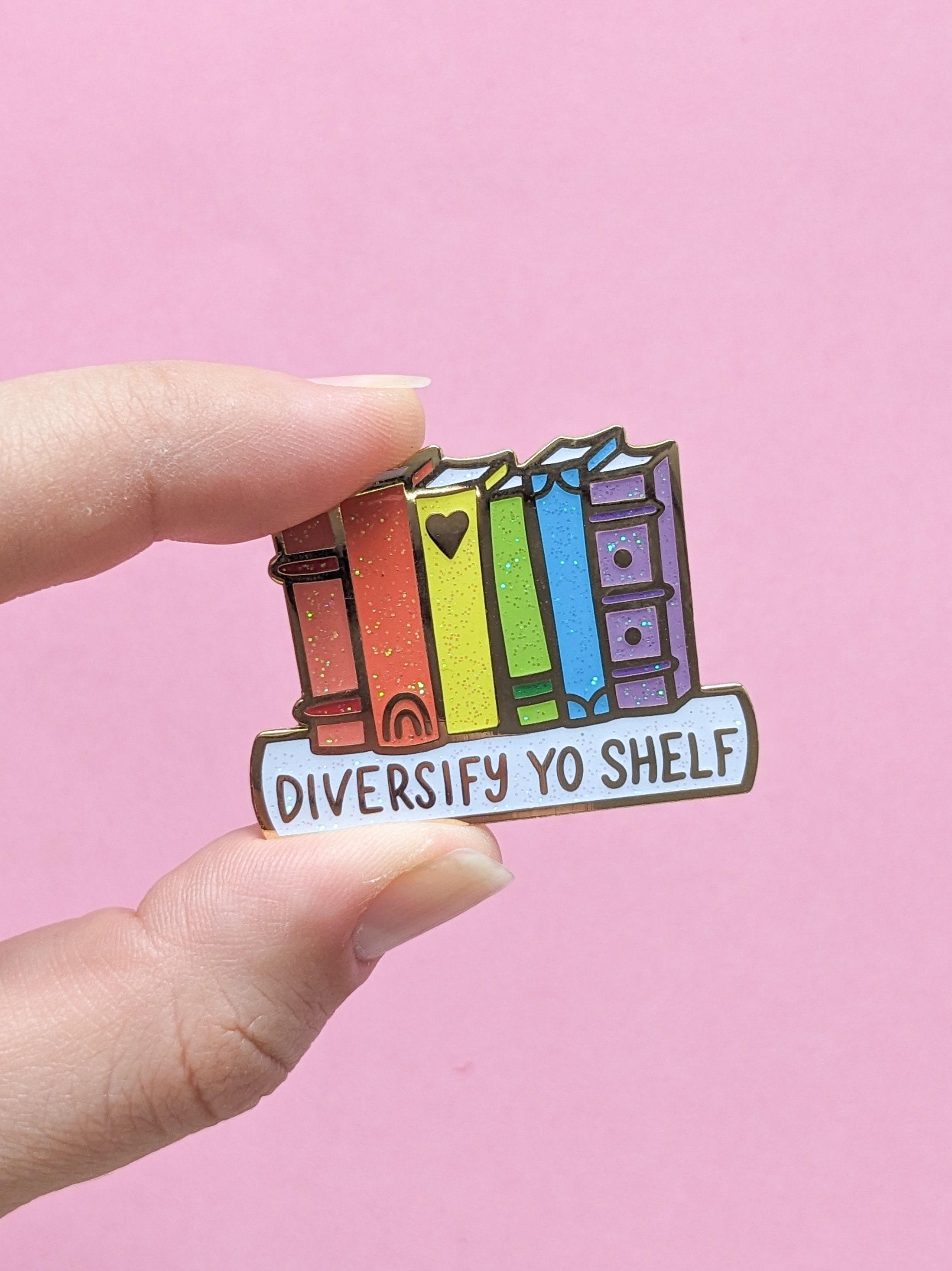 KitCronkStudio Diversify Shelf Enamel Pin - Rainbow Glitter - Feminist Enamel Pin, Book Pin, Nerd Gift, Geek Chic, Book Gift, Girl Power, Representation