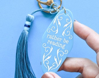 Blue Keychain Charm - Rather Be Reading - Vintage Acrylic Motel Keyring - Book Lover Gift