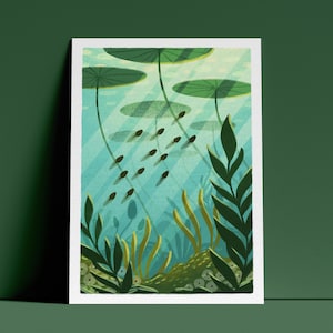 May include: An art print featuring an underwater scene with tadpoles, lily pads, and aquatic plants. The illustration uses shades of green and blue to depict the aquatic environment. The tadpoles are black, and the plants are various shades of green and yellow.