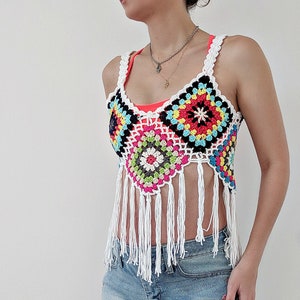 Retro Granny Square Crochet Crop Top Pattern, Boho Festival Tank Top w/ Fringe. Instructions for Small, Medium, Large and Extra Large Womens
