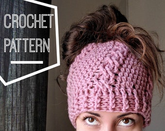 Cable Crochet Bun Beanie Pattern, Messy Bun Beanie Crochet, Crochet Ponytail Beanie Pattern, Messy Bun Hat Pattern, Ponytail Beanie Pattern