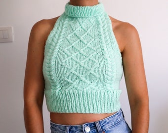 Minty Fresh - Cable Knit Halter Top Pattern, Knitting Pattern for Open Back Crop Top w/ Instructions for XS, S/M, L/XL, 2XL