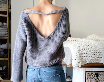 No Purls Sweater Pattern, V Back Knit Slouchy Sweater Pattern pour femme, surdimensionné avec col en V Tailles S, M, L, XL. PDF convivial pour les débutants