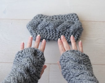 Chunky Cable Knit Set, Fingerless Gloves And Ear Warmer Knitting Pattern, Beginner friendly with video tutorial, arm warmers plus headband