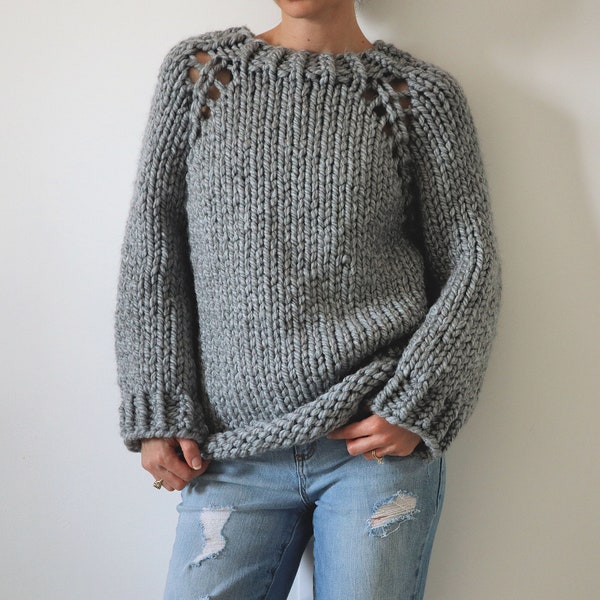 Super Chunky Raglan Knit Sweater Pattern, Top Down Knitted Sweater Pattern With Super Bulky Yarn, Oversized Fit In Size Small to Extra Large