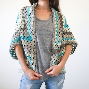 Granny Square Shrug Crochet Pattern, Beginner Crochet Shrug Pattern, Easy Crochet Cardigan Pattern, Size Inclusive Crochet Sweater Pattern image 1