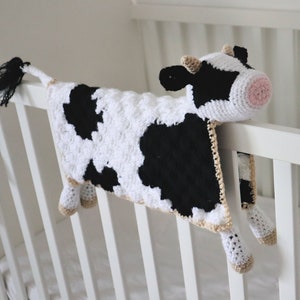 Crochet Cow Blanket Pattern, Bessie The Cow Lovey Amigurumi Pattern. C2C Cow Print Security Blanket Traditional Lovey or Crib Draper image 1