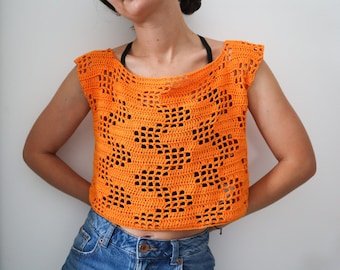 Dangerously Cheesy Crochet Top, Filet Crochet graph based pattern. Cheetos inspired lacey crochet crop top pattern. Lacy summer top PDF.