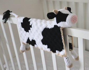 Crochet Cow Blanket Pattern, Bessie The Cow Lovey Amigurumi Pattern.  C2C Cow Print Security Blanket Traditional Lovey or Crib Draper