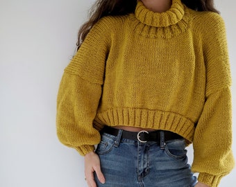 Modèle de tricot de pull haut bas, instructions PDF intermédiaires pour pull en tricot, coupe ample surdimensionnée, encolure à col roulé, ourlet Hi-Lo