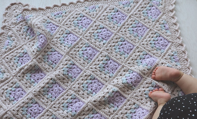 Crochet Baby Blanket Pattern, Modern Mitered Granny Square Blanket, Crocheted Shell Border. Includes Chart, Diagram and Written Instructions image 7