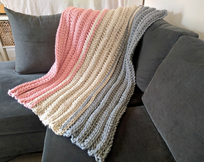 Super Chunky Crochet Blanket Pattern, Ribbed Crochet Pattern Blanket, Chunky Ribbed Crochet Throw Pattern, Striped Crochet Afghan Pattern image 1