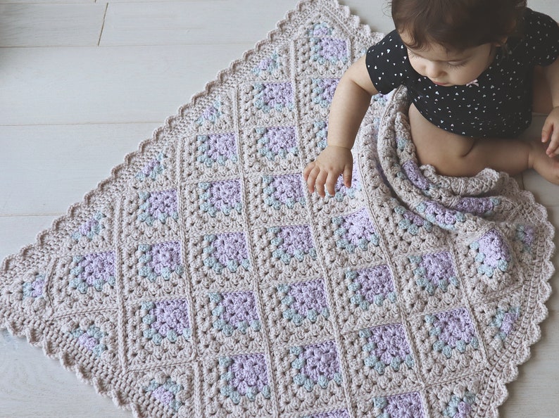 Crochet Baby Blanket Pattern, Modern Mitered Granny Square Blanket, Crocheted Shell Border. Includes Chart, Diagram and Written Instructions image 2