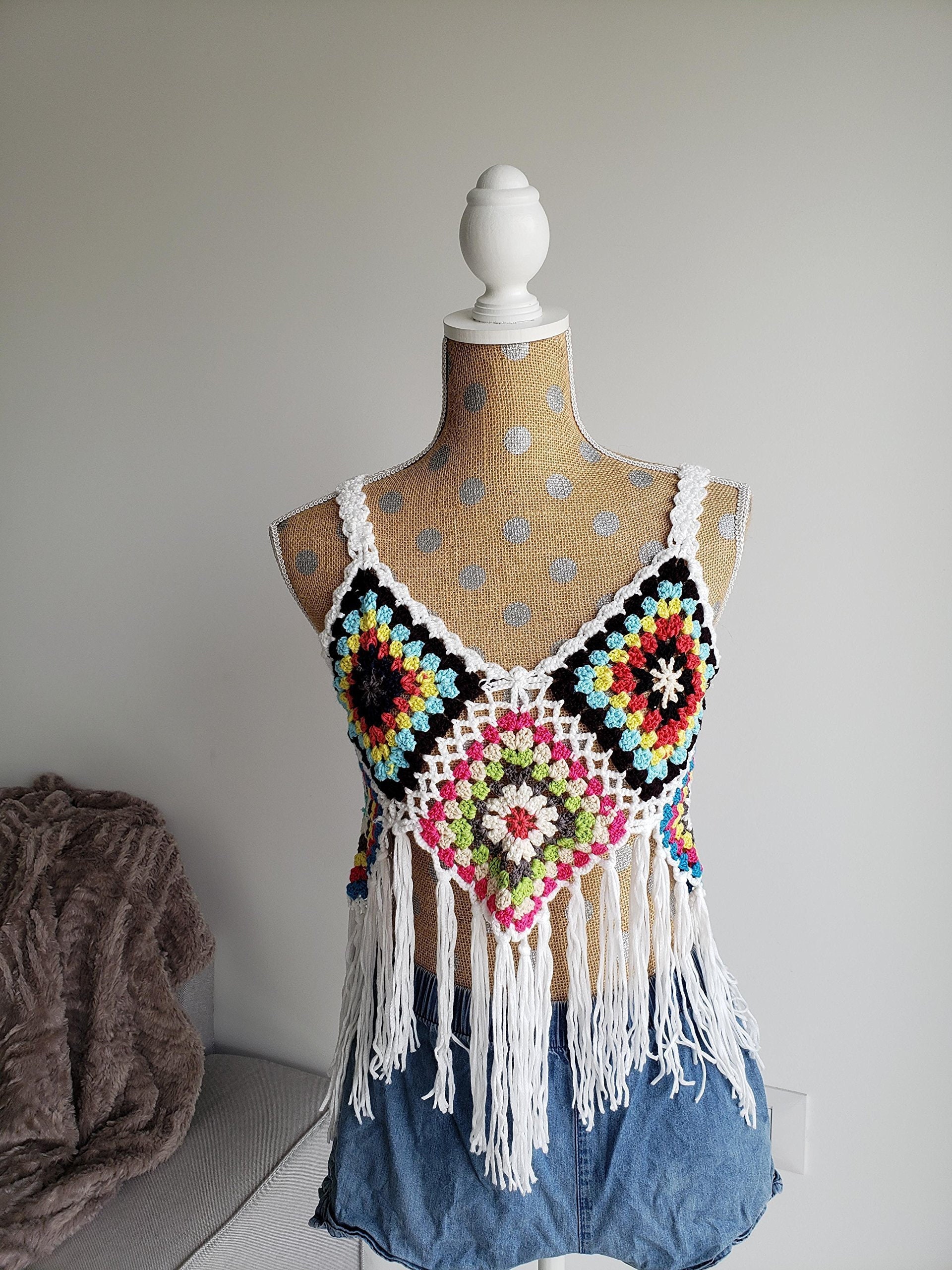 earthy Vintage and handmade crochet tankvest with granny square free shipping Forrest frolic colors
