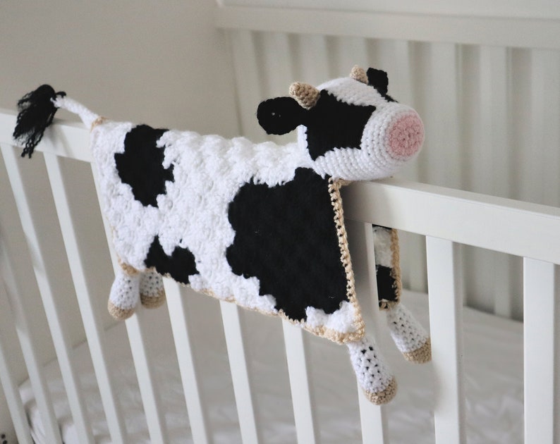 Crochet Cow Blanket Pattern, Bessie The Cow Lovey Amigurumi Pattern. C2C Cow Print Security Blanket Traditional Lovey or Crib Draper image 1