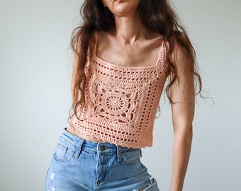 Willow Granny Square Tank Top, Crochet Top Pattern, Easy Crocheted Granny Square Motif, Boho Crop Top Crocheting Pattern, Womens Sizes