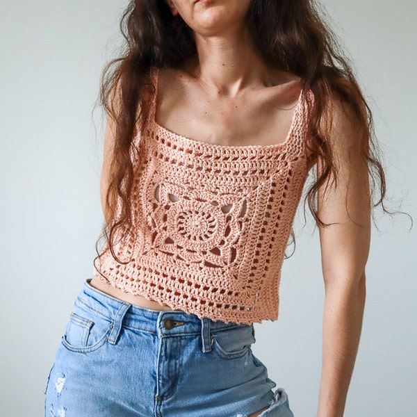 Willow Granny Square Tank Top, Crochet Top Pattern, Easy Crocheted Granny Square Motif, Boho Crop Top Crocheting Pattern, Womens Sizes