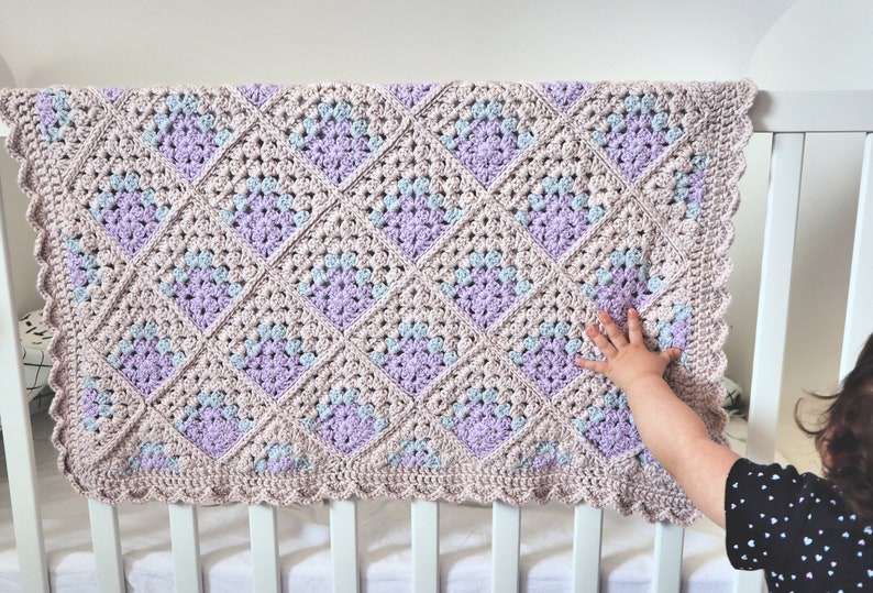 Crochet Baby Blanket Pattern, Modern Mitered Granny Square Blanket, Crocheted Shell Border. Includes Chart, Diagram and Written Instructions image 1
