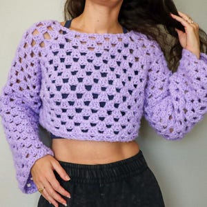 May include: A lavender crochet top with a loose, open-weave design and long sleeves. The top is cropped and has a relaxed fit.