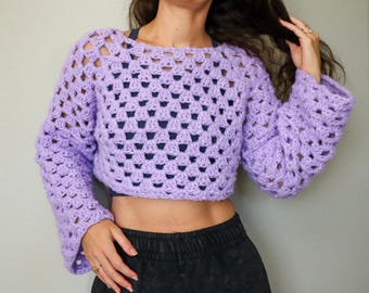 Granny Stitch Crop Sweater Pattern: Seamless Top-Down Raglan, Chunky Yarn