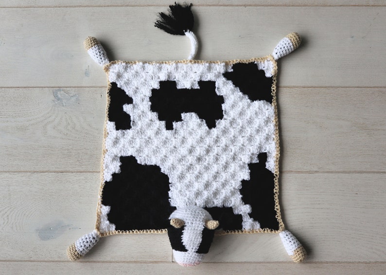 Crochet Cow Blanket Pattern, Bessie The Cow Lovey Amigurumi Pattern. C2C Cow Print Security Blanket Traditional Lovey or Crib Draper image 5