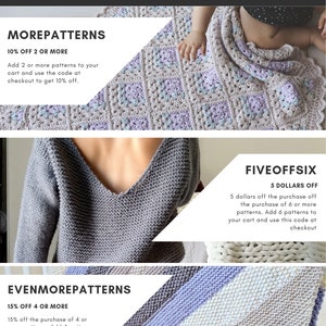 Może przedstawiać: Grafika z tekstem "Multi Pattern Discounts" i "Użyj tych kod&oacute;w przy kasie!" Grafika przedstawia trzy r&oacute;żne wzory na szydełku z kodami rabatowymi dla każdego z nich. Pierwszy wz&oacute;r to kocyk dla dziecka w jasnofioletowym, jasnoniebieskim i białym kolorze. Drugi wz&oacute;r to szary sweter. Trzeci wz&oacute;r to pasiasty koc w jasnoniebieskich, białych i beżowych pasach. Tekst rabat&oacute;w brzmi: "MOREPATTERNS 10% zniżki na 2 lub więcej", "EVENMOREPATTERNS 15% zniżki na 4 lub więcej" i "FIVEOFFSIX 5 dolar&oacute;w zniżki".