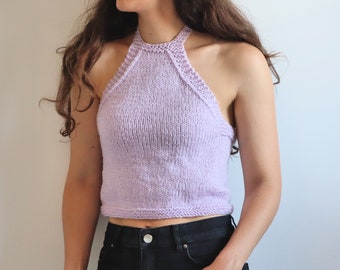 Modèle de haut à licou en tricot simple, modèle de tricot pour débardeur court avec instructions pour XS, S/M, L/XL, 2X et 3X. Conception conviviale pour les débutants