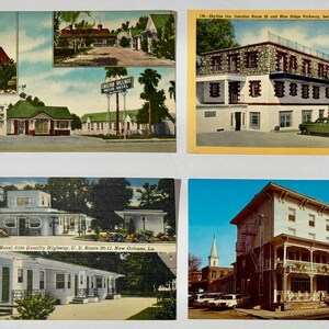 May include: A collection of vintage postcards featuring various buildings. The postcards showcase a church, motels, and hotels, with a focus on architectural styles and historical imagery. The postcards are in various colors and sizes.