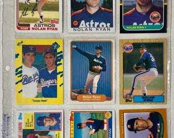 Nolan Ryan Baseball Cards 1982 to 2002 Topps Donruss Fleer One-Sheet Lot of 9
