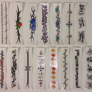 Armband / Bracelet Temporary Tattoos Set of 15 - Barbed Wire, Tribal, Crosses, Asian Symbols, Flowers, Vines and more
