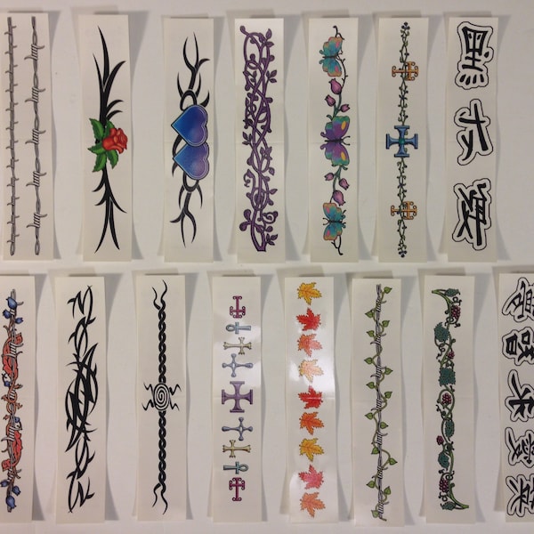 Armband / Bracelet Temporary Tattoos Set of 15 - Barbed Wire, Tribal, Crosses, Asian Symbols, Flowers, Vines and more