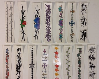 Armband / Bracelet Temporary Tattoos Set of 15 - Barbed Wire, Tribal, Crosses, Asian Symbols, Flowers, Vines and more