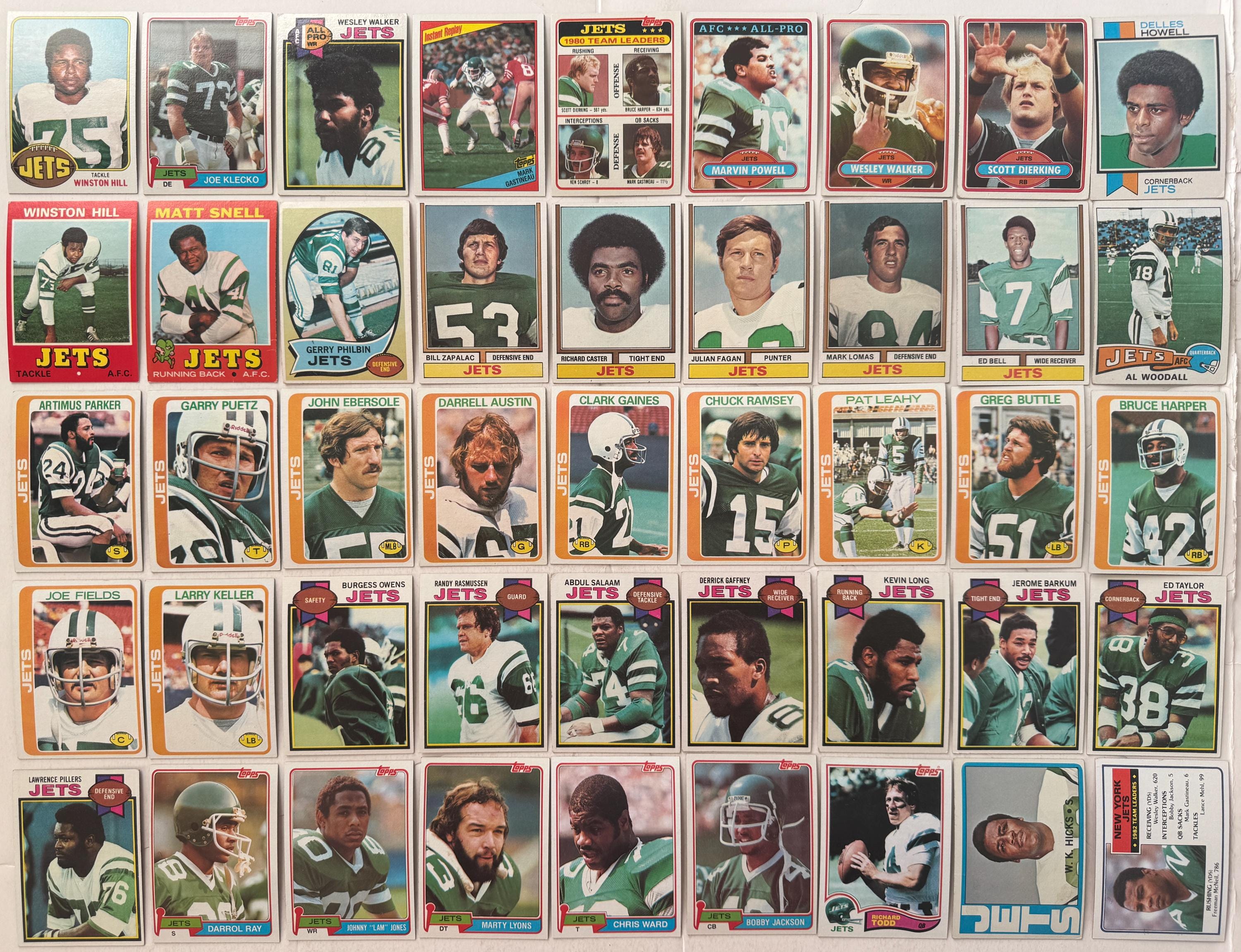 New York Jets 1970s 1980s Topps Vintage NFL Football Trading Cards Lot of 45 with Rookies and Hall of Famers