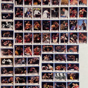 Peut inclure: Une collection de cartes de collection de boxe vintage. Chaque carte présente un boxeur différent en action, portant des gants de boxe. Les cartes ont une bordure bleue et le mot "Rayo" est imprimé en bas à gauche de chaque carte.