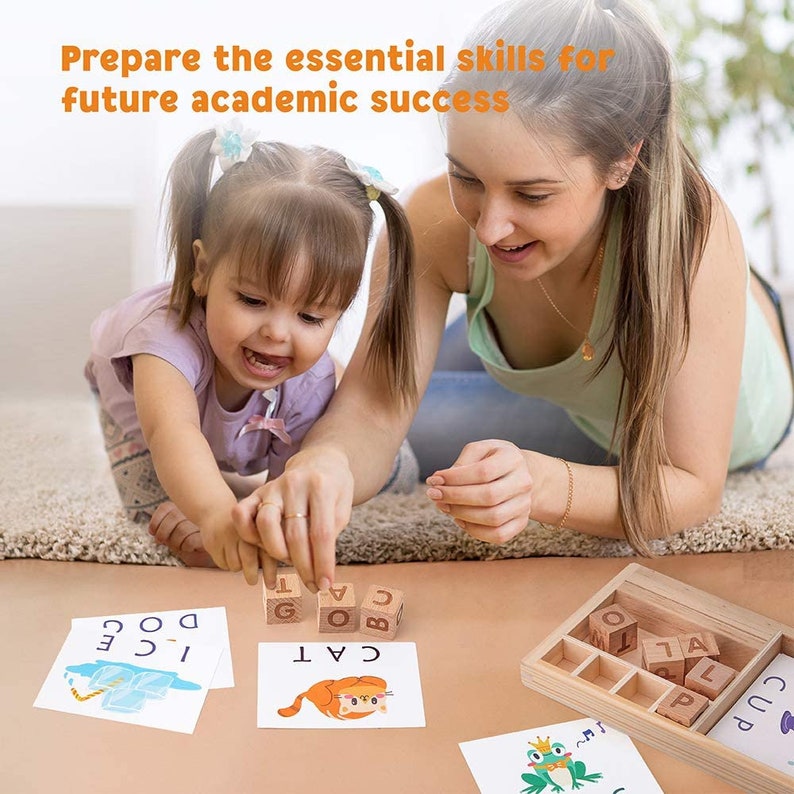 Kids ABC Wood Learning Toys Alphabet Wooden Matching Letters Flash Cards Montessori Preschool Educational