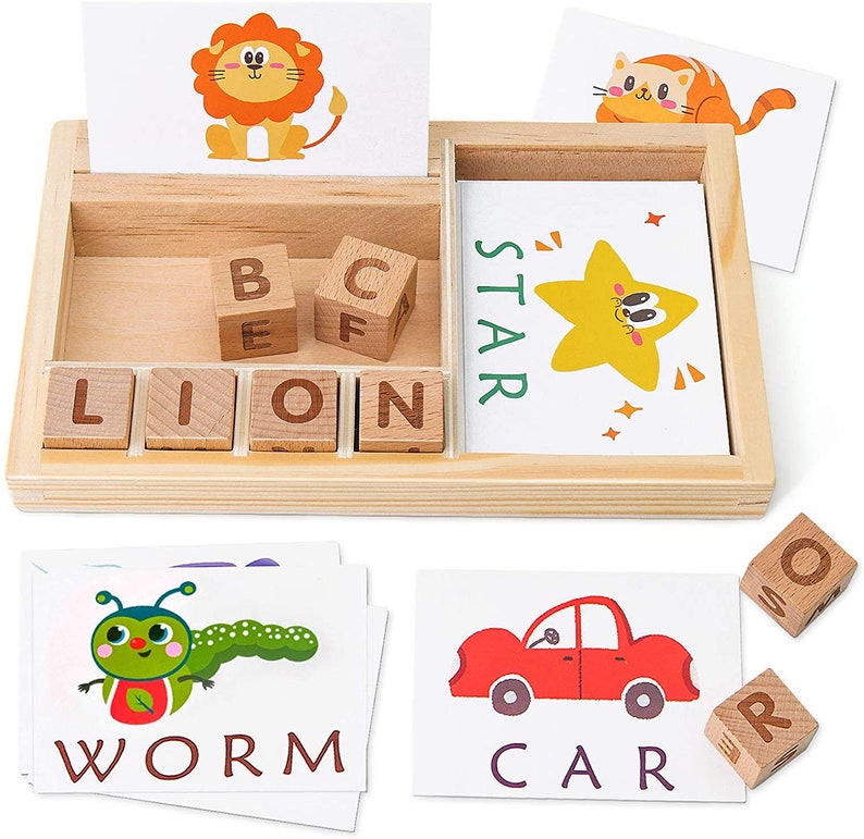 Kids ABC Wood Learning Toys Alphabet Wooden Matching Letters Flash Cards Montessori Preschool Educational