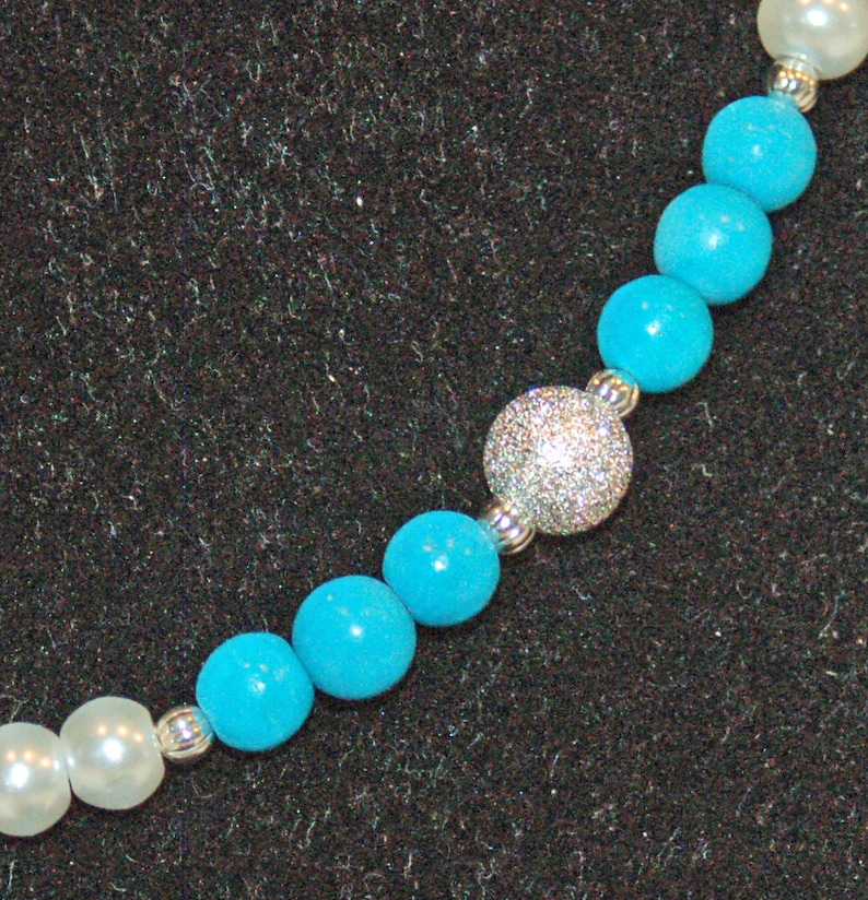 Chalk Turquoise Jewelry-Turquoise Necklace-Stardust Beads-Glass Pearl Necklace-Silver Necklace-Blue and White-Gift for Mom-Gift for Her