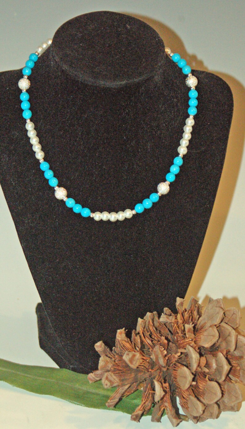 Chalk Turquoise Jewelry-Turquoise Necklace-Stardust Beads-Glass Pearl Necklace-Silver Necklace-Blue and White-Gift for Mom-Gift for Her