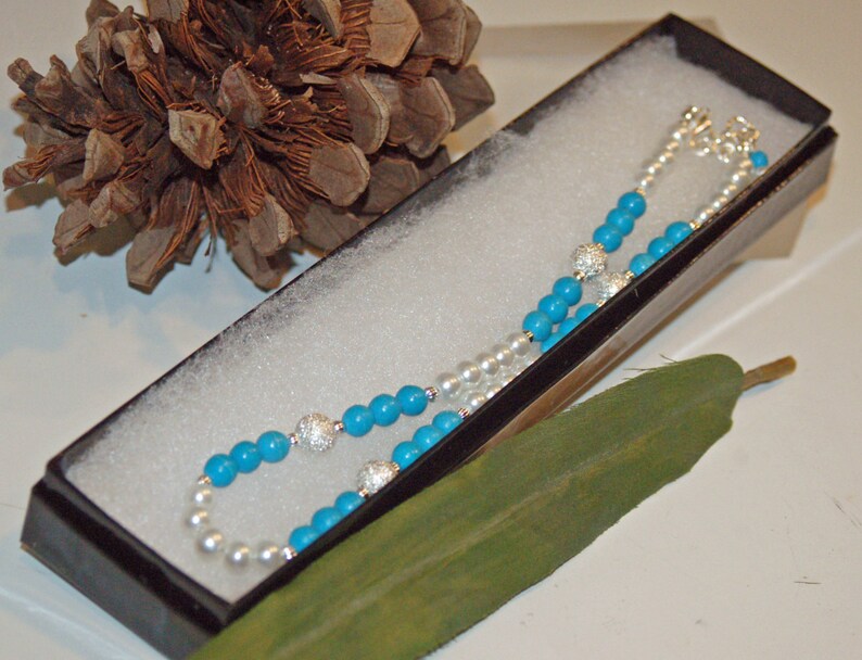 Chalk Turquoise Jewelry-Turquoise Necklace-Stardust Beads-Glass Pearl Necklace-Silver Necklace-Blue and White-Gift for Mom-Gift for Her