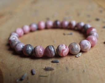 Rhodochrosite Bracelet Banded Rhodochrosite Jewelry Meditation Bracelet Handmade Gemstone Stretch Bracelet Crystal Healing Self Love
