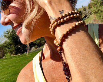 Sandalwood Dream Triple Wrap Bracelet | Authentic Natural Sandalwood | Brazilian Red Garnet | Mala Beads | Steady Energy | Grounding